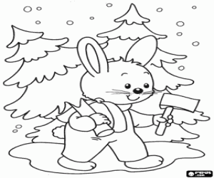 desenho de Coelho com um abeto para o Natal para colorir