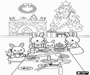 desenho de Os coelhos e a mesa de Natal para colorir