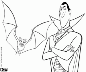 desenho de Conde Drácula e um morcego para colorir