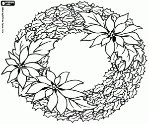 desenho de Coroa de Natal com os poinsettias para colorir