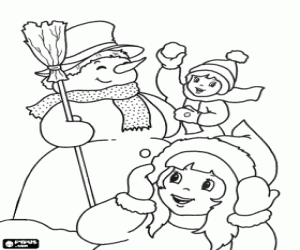desenho de Crianças brincando com um boneco de neve para colorir