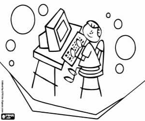 desenho de Criança brincando no computador para colorir