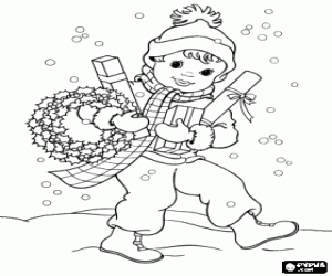 desenho de Uma criança sob a neve no Natal para colorir