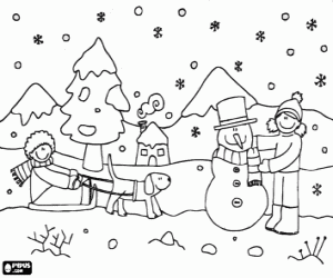 desenho de Crianças e a neve, a cena de inverno para colorir