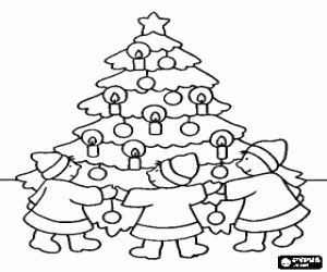 desenho de Crianças ao redor da árvore de Natal para colorir