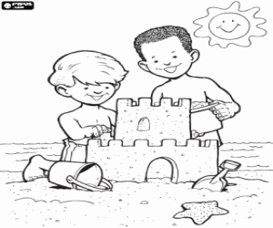 desenho de Crianças e o castelo de areia para colorir