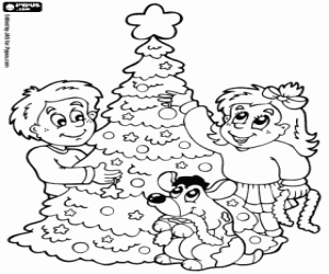 desenho de Crianças decoram a árvore de Natal para colorir
