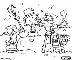 desenho de Crianças e um grande boneco de neve para colorir