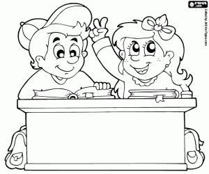 desenho de Crianças com livros sobre a mesa da escola para colorir