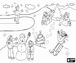 desenho de Crianças em uma paisagem de inverno para colorir