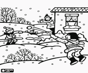 desenho de Crianças que jogam uma batalha da neve para colorir