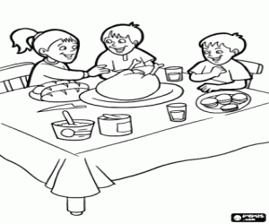 desenho de Crianças sentadas na mesa de jantar para colorir
