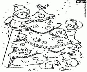 desenho de Crianças e árvore de Natal do jardim para colorir