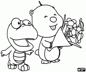 desenho de Crong, Loopy e o buquê de flores para colorir
