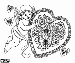 desenho de Cupido e um coração com flores para colorir