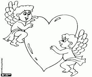 desenho de Dois Cupidos e um grande coração para colorir