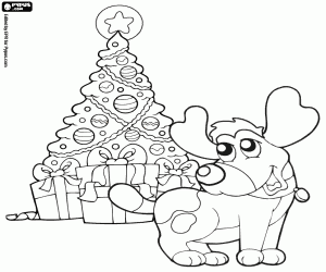 desenho de O cão com o abeto de Natal para colorir