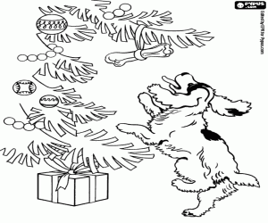desenho de Um cão e um osso no abeto de Natal para colorir
