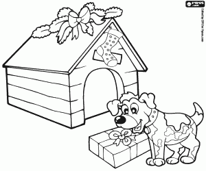 desenho de Um cão e um presente de Natal para colorir