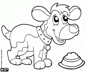 desenho de Cãozinho feliz com a comida para colorir