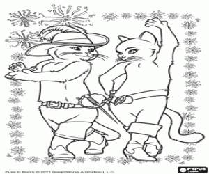 desenho de Dança do Gato de botas e Kitty para colorir