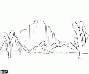 desenho de Deserto com cactos e montanhas para colorir