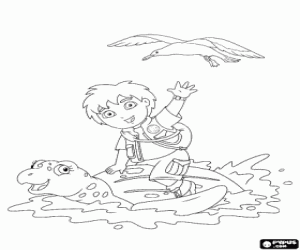 desenho de Diego com a tartaruga do mar para colorir