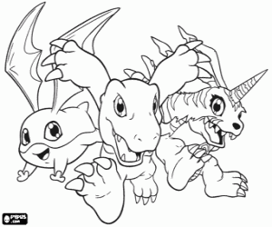 desenho de Digimon: Patamon, Agumon e Gabumon para colorir