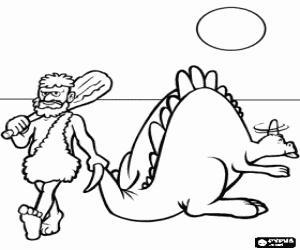 desenho de Dinossauro e homem da caverna  para colorir
