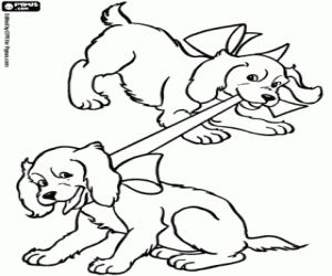 desenho de Dois cães brincando com uma fita para colorir