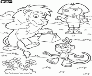 desenho de Dora, Botas e o leão no parque para colorir