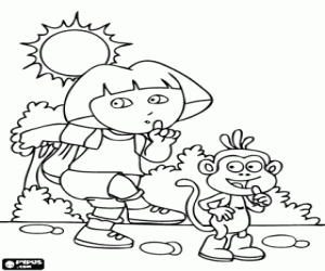 desenho de Dora e Botas na floresta para colorir