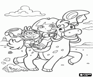 desenho de Dora com o macaco em um cavalo para colorir