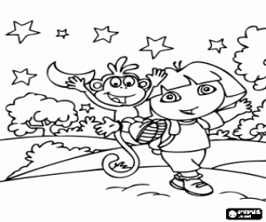 desenho de Dora e o macaco na floresta para colorir
