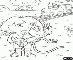 desenho de Dora e o macaco perto do trem para colorir