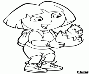 desenho de Dora com um pintinho nas mãos para colorir