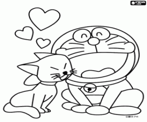 desenho de Doraemon e um gatinho para colorir
