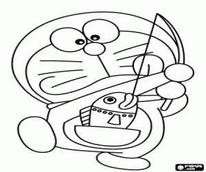 desenho de Doraemon, com um peixe para colorir