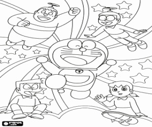 desenho de Doraemon e seus amigos para colorir