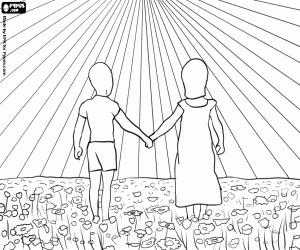 desenho de Duas crianças desfrutando de primavera para colorir