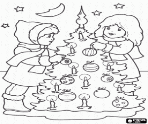 desenho de Duas garotas e a árvore de Natal para colorir
