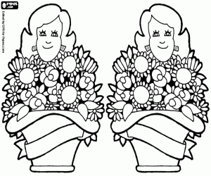 desenho de Duas mães com dois cestas de flores para colorir