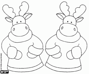desenho de Duas renas de Natal com casacos para colorir