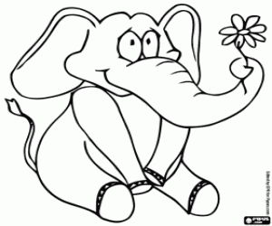 desenho de Elefante com uma flor para colorir