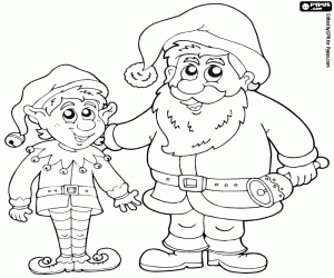 desenho de Elf e Papai Noel com sino para colorir