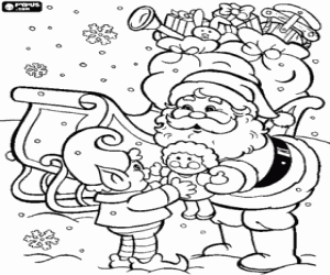 desenho de O elfo ajuda Santa Claus para colorir