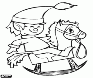 desenho de Elfo de Natal e o cavalo de madeira para colorir