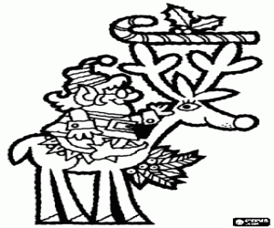 desenho de Elfo de Natal montando uma rena para colorir
