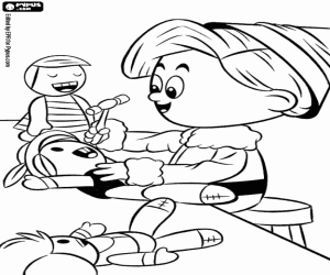 desenho de O elfo Hermey com as bonecas para colorir