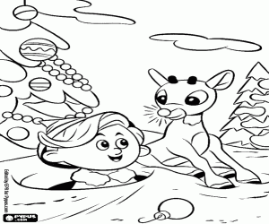desenho de O elfo Hermey e Rudolph bricando para colorir